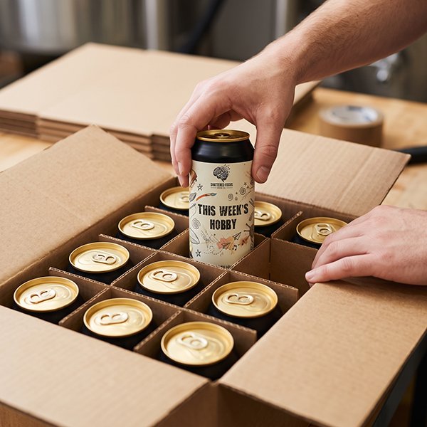 Hands placing a can of This Week's Hobby craft beer into a 12-pack cardboard shipping box at Shattered Focus Brew Co., Bridgend, ready for UK delivery
