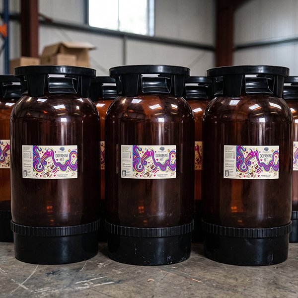 Three large brown plastic beer kegs bearing colorful Dopamine Hit labels on a brewery floor at Shattered Focus Brew Co. in Bridgend, prepped for UK shipping