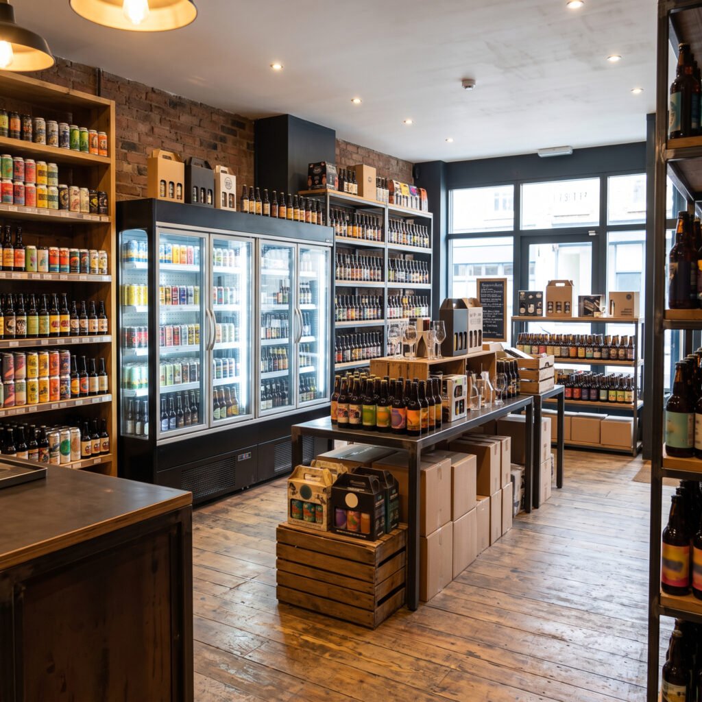 Craft beer bottle shop interior with wood floors, brick walls, illuminated beverage fridges, and shelves lined with beer cans and bottles at Shattered Focus in Bridgend